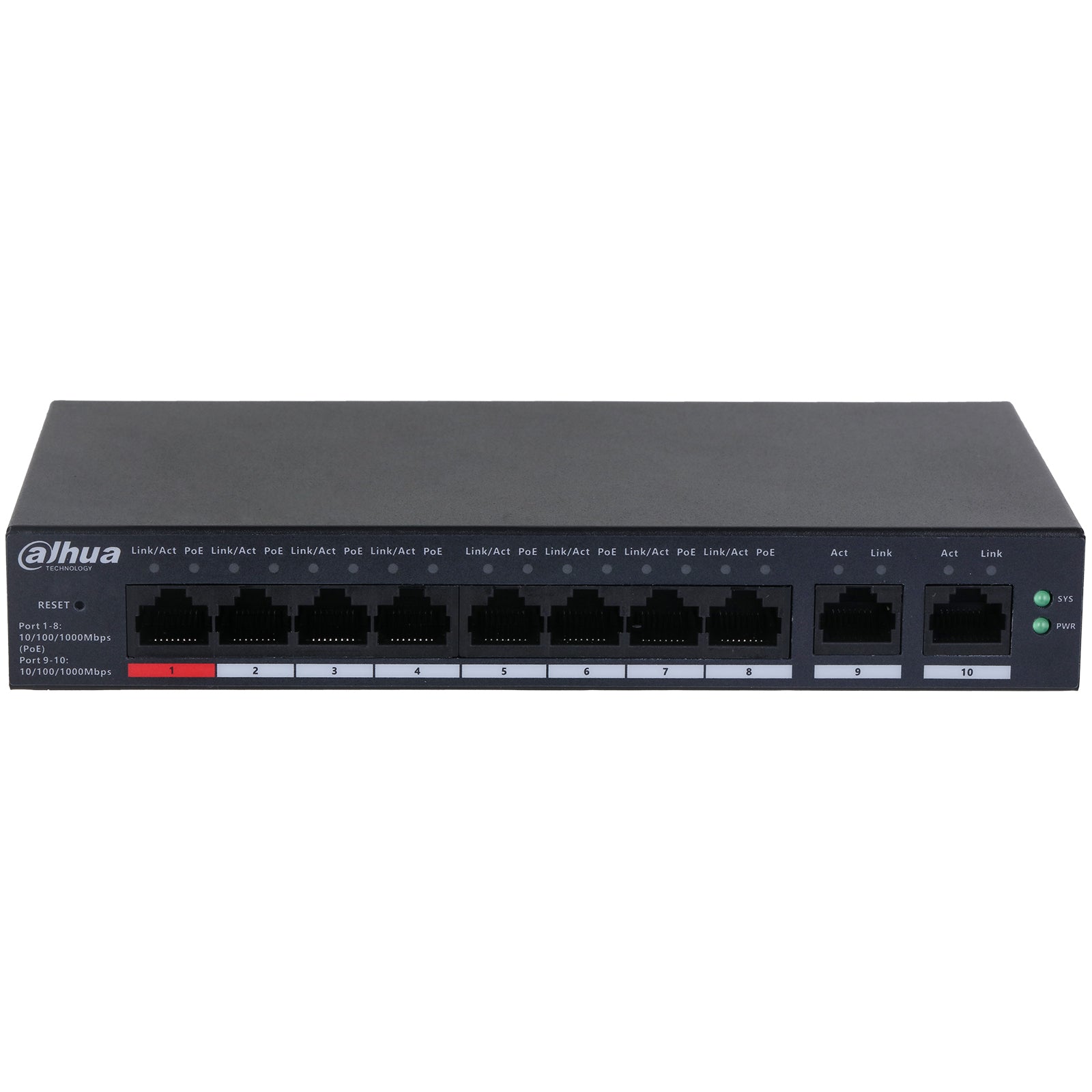 CS4010-8GT-110 - Switch di Rete PoE 8 Porte + 2 RJ45 Gigabit | Fino a 90W per Porta, Range 250m, Metallo - Dahua