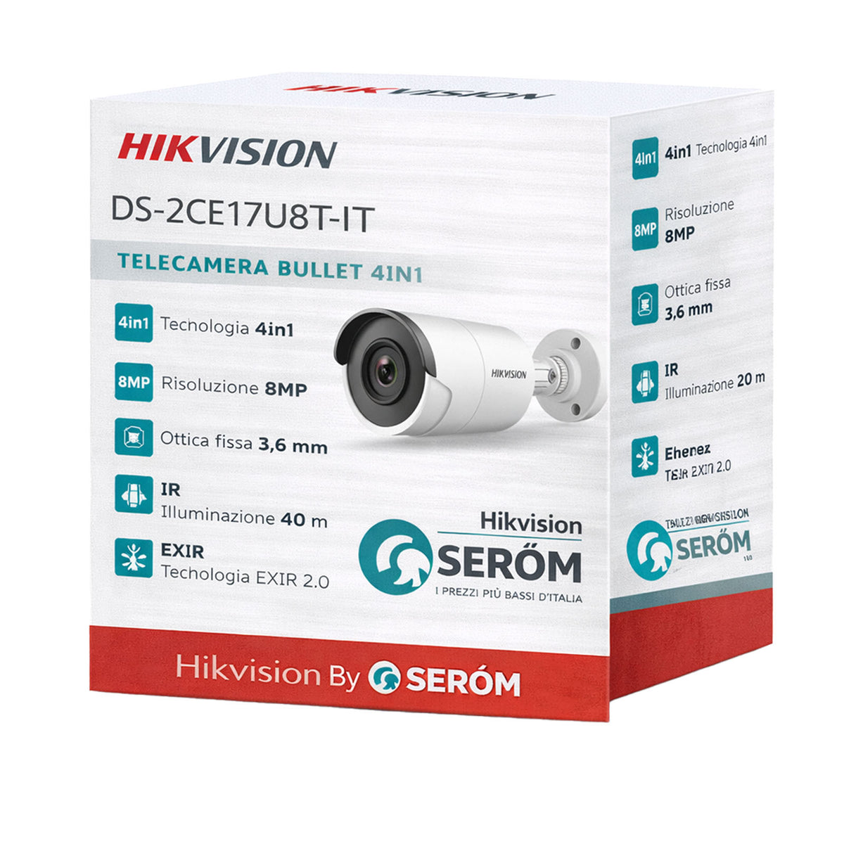 DS-2CE17U8T-IT 8MP 4K Turbo HD TVI Mini Bullet 3.6mm EXIR 40m WDR 120dB IP67 Coassiale - Hikvision