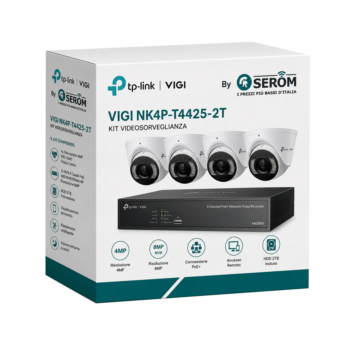 VIGI NK4P-T4425-2T – 4-MP-Vollfarb-Videoüberwachungsset mit 4 Kameras, 4-Kanal-PoE+-NVR und intelligenter KI-Analyse – VIGI