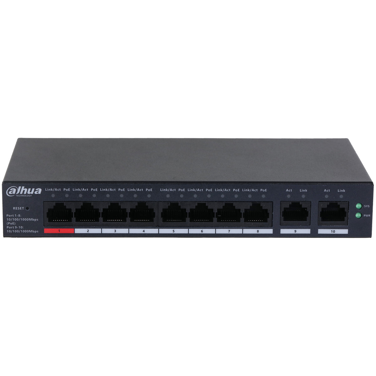CS4010-8GT-110 - Switch di Rete PoE 8 Porte + 2 RJ45 Gigabit | Fino a 90W per Porta, Range 250m, Metallo - Dahua