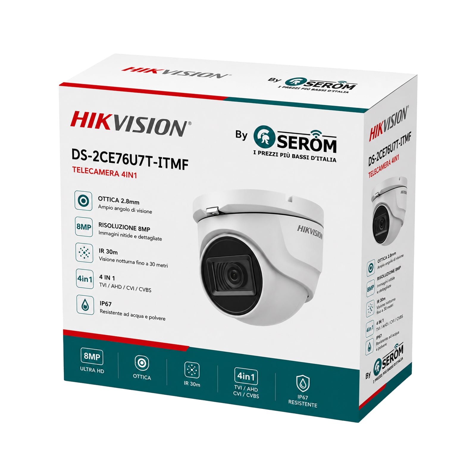 DS-2CE76U7T-ITMF (2,8 mm) Dome-Kamera 4-in-1 8 MP 4K Ultra HD Smart IR 30 m Ultra Low Light WDR 130 dB - Hikvision