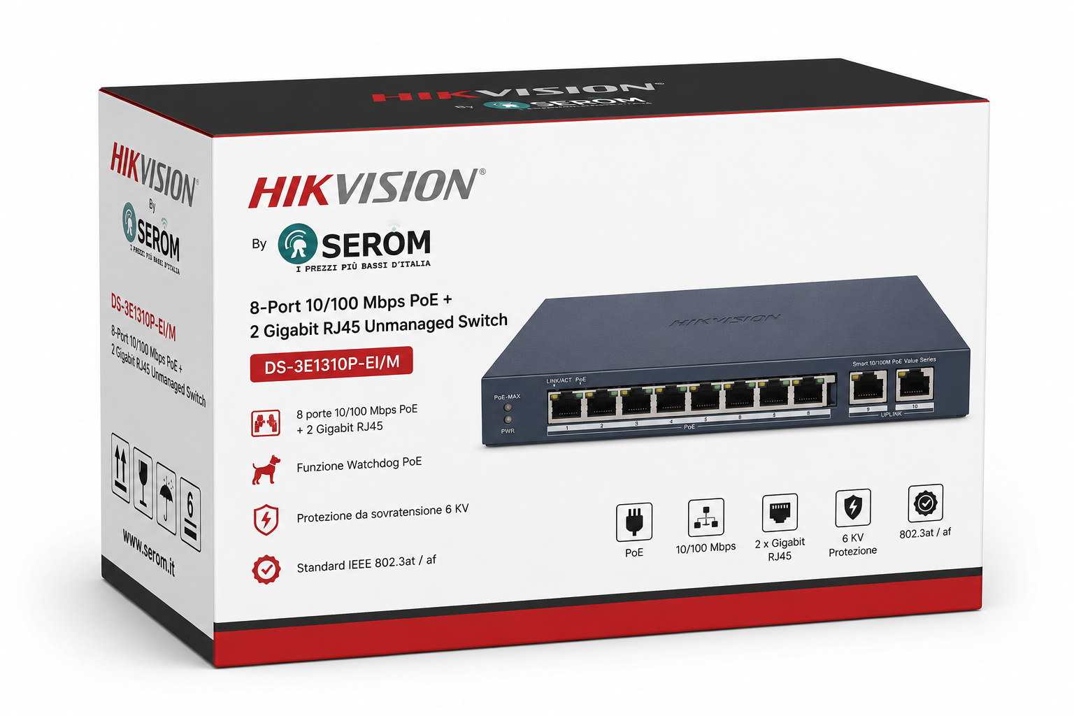 DS-3E1310P-EI/M Switch PoE Smart 8 Porte + 2 Gigabit, Watchdog, Extend 300m, VLAN, Protezione 6kV - Hikvision