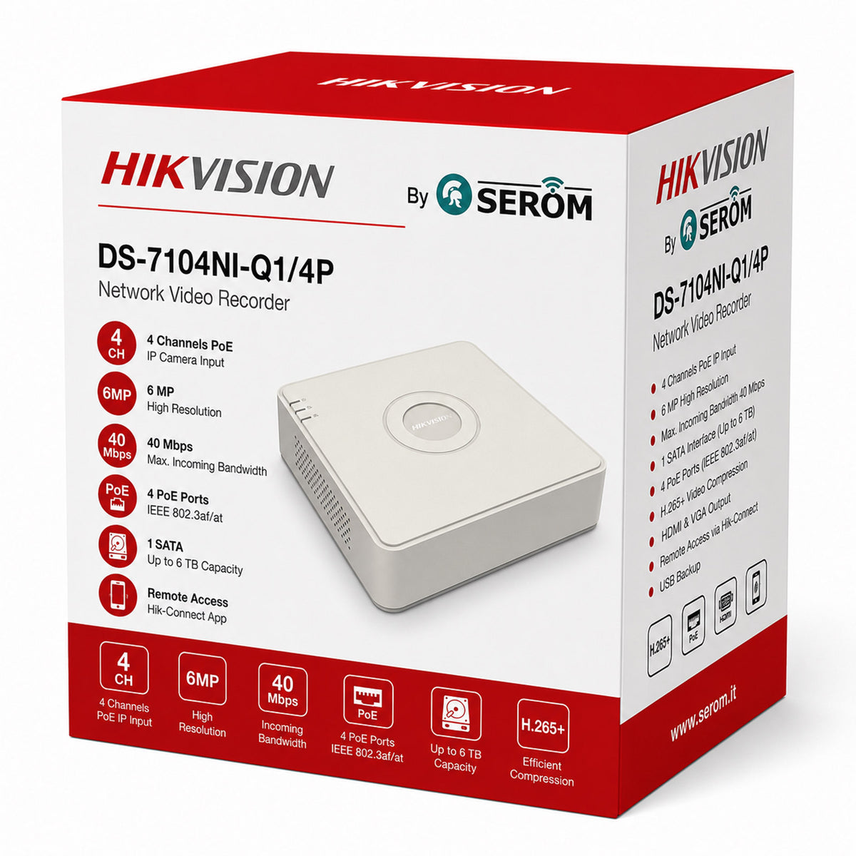 DS-7104NI-Q1/4P NVR 4 Canali IP PoE 6MP H.265+ 4 Porte PoE HDD 6TB HDMI Smart Playback Hik-Connect - Hikvision