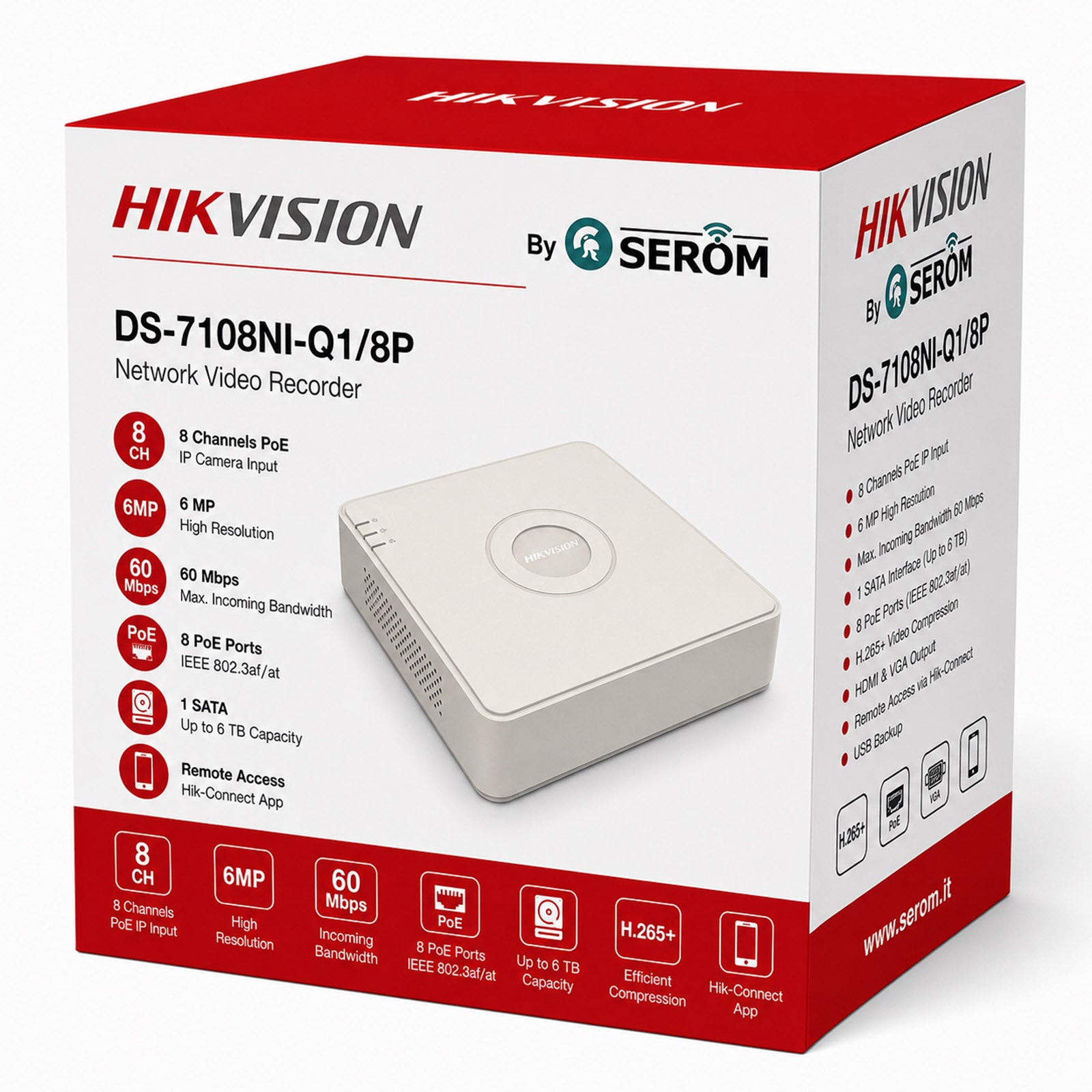 DS-7108NI-Q1/8P NVR 8 Canali IP 6MP 8 Porte PoE H.265+ HDD 6TB HDMI Smart Playback Hik-Connect - Hikvision