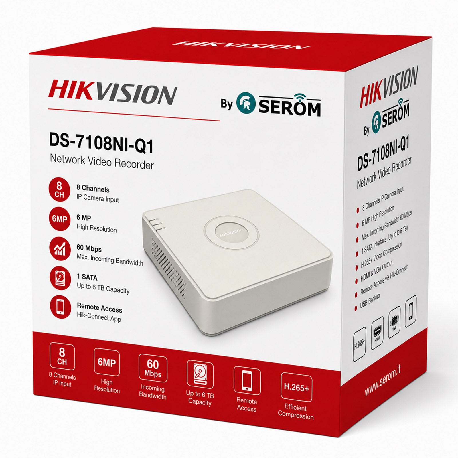 DS-7108NI-Q1 NVR 8 Canali IP 6MP H.265+ HDD 6TB HDMI VGA Smart Search Playback Hik-Connect - Hikvision