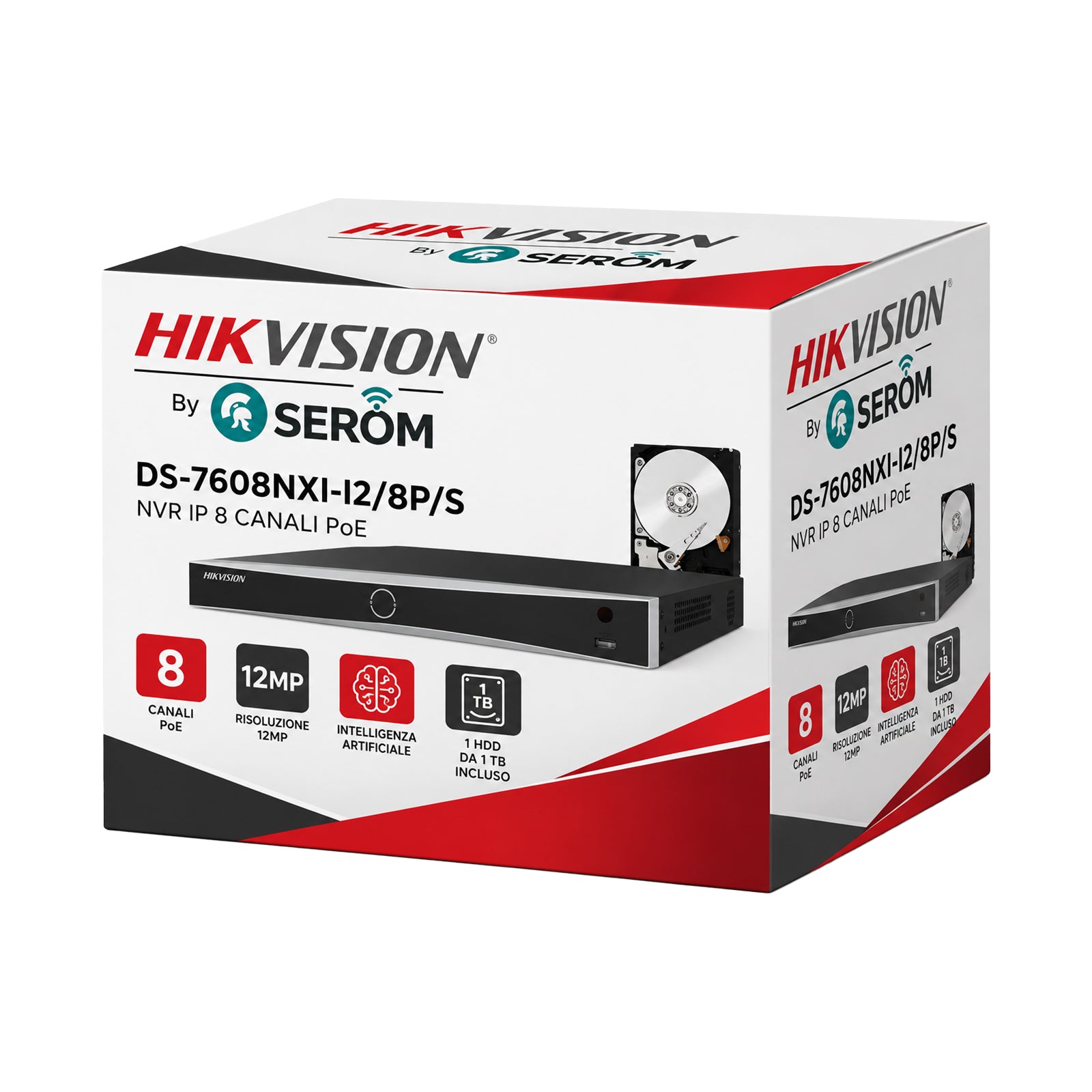 DS-7608NXI-I2/8P/S NVR AcuSense 4K 8 Canali PoE, AI, H.265+, 32MP, Hik-Connect, HDD 1TB Incluso - Hikvision