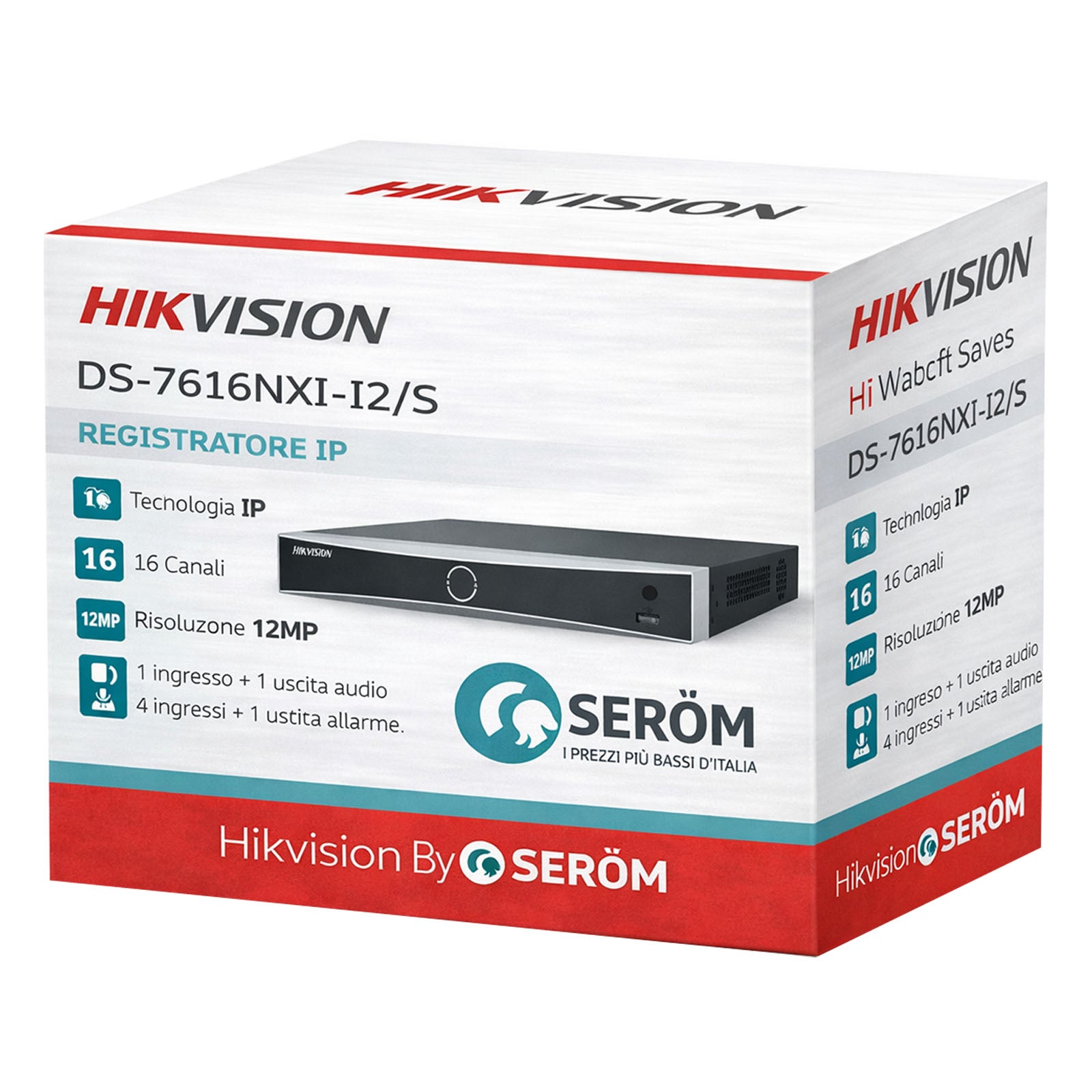 DS-7616NXI-I2/S NVR 16 Canali 12MP 4K 256Mbps H.265+ 2 SATA 10TB HDMI 4K Hik-Connect - Hikvision