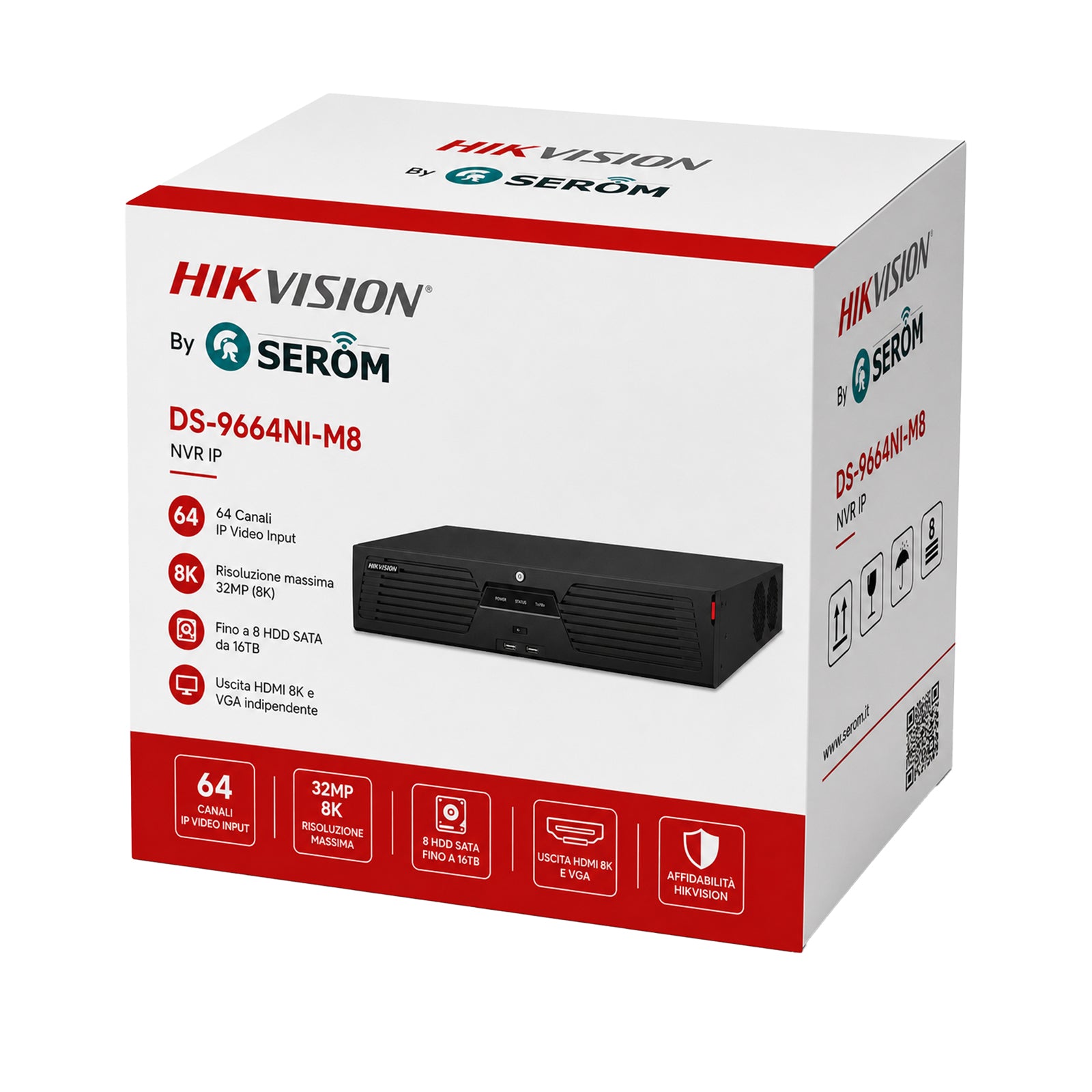 DS-9664NI-M8 NVR 64 Canali IP 8K 32MP H.265+ 400Mbps 8 HDD SATA HDMI 8K ANPR POS Hik-Connect - Hikvision