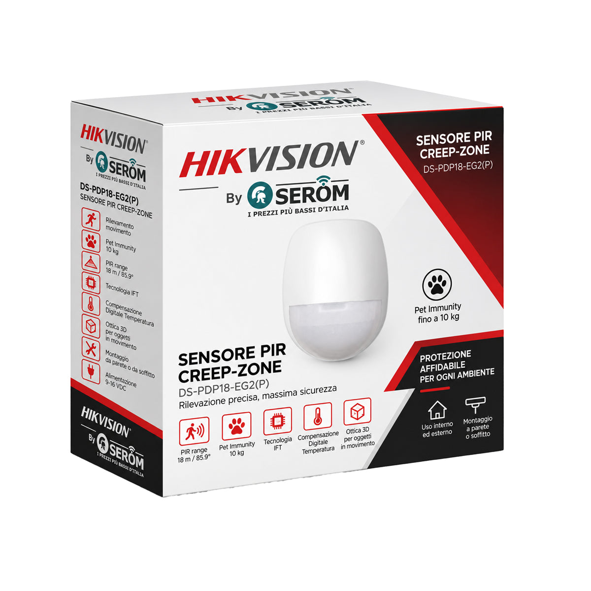 DS-PDP18-EG2(P) Sensore PIR Filare 18m Pet Immunity 10kg Creep Zone Antintrusione 9-16VDC - Hikvision