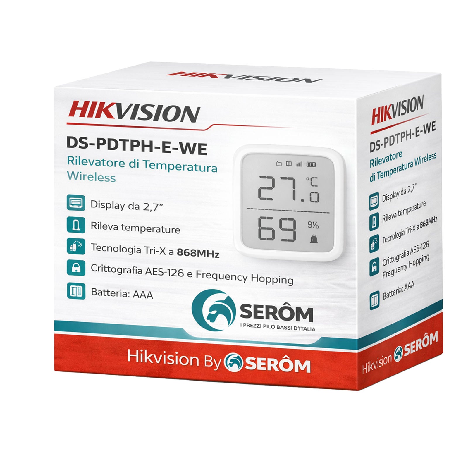 DS-PDTPH-E-WE - Rilevatore Temperatura Wireless con Display 2,7", App Remota e Sonda Esterna - Hikvision
