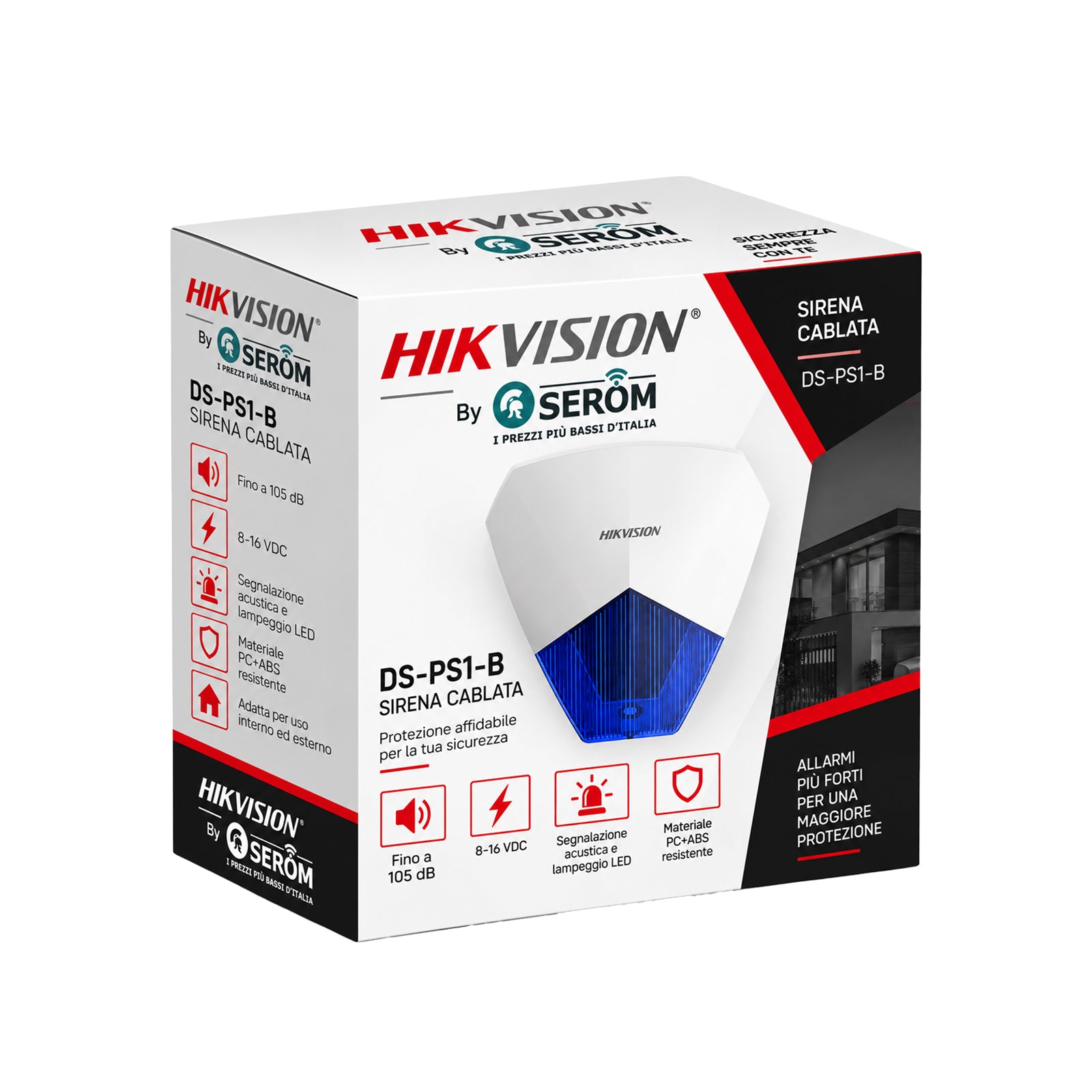 DS-PS1-B Sirena Cablata Antifurto 105dB con LED IP54 8-16VDC per Interno ed Esterno - Hikvision