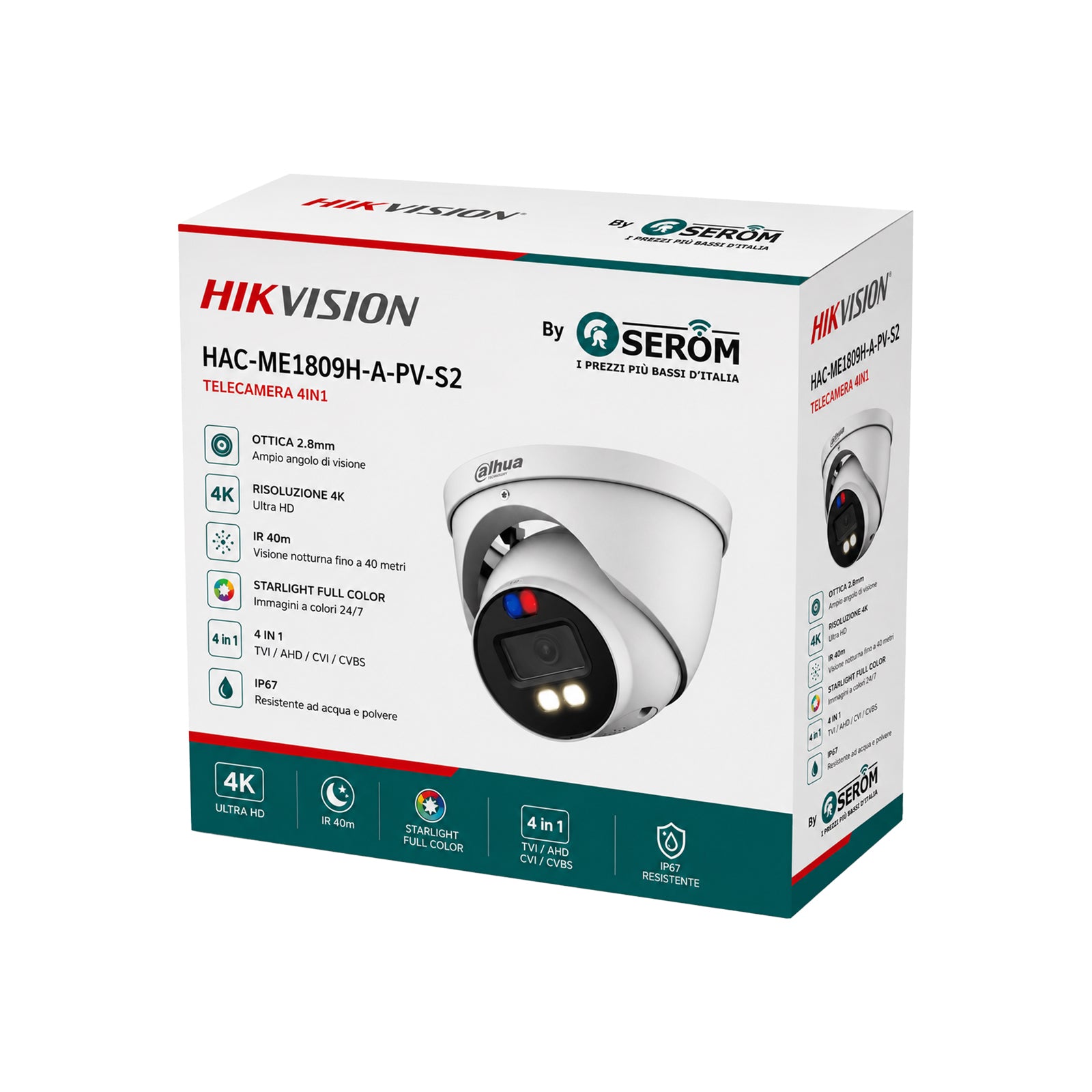 HAC-ME1809H-A-PV-S2 4K Eyeball 4in1 CVI TVI AHD 2.8mm Starlight Full Color IR 40m IP67 con Sirena e Flash - Dahua