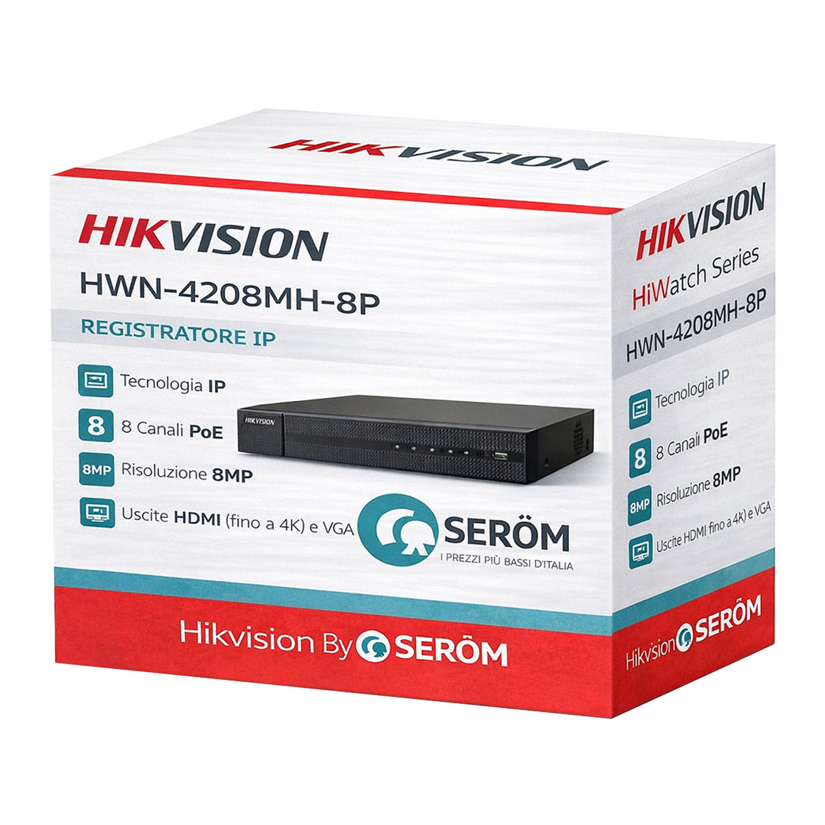 HWN-4208MH-8P - NVR 8 canali PoE IP 8MP larghezza banda 80 Mbps 2 HDD da 8TB serie HiWatch - Hikvision