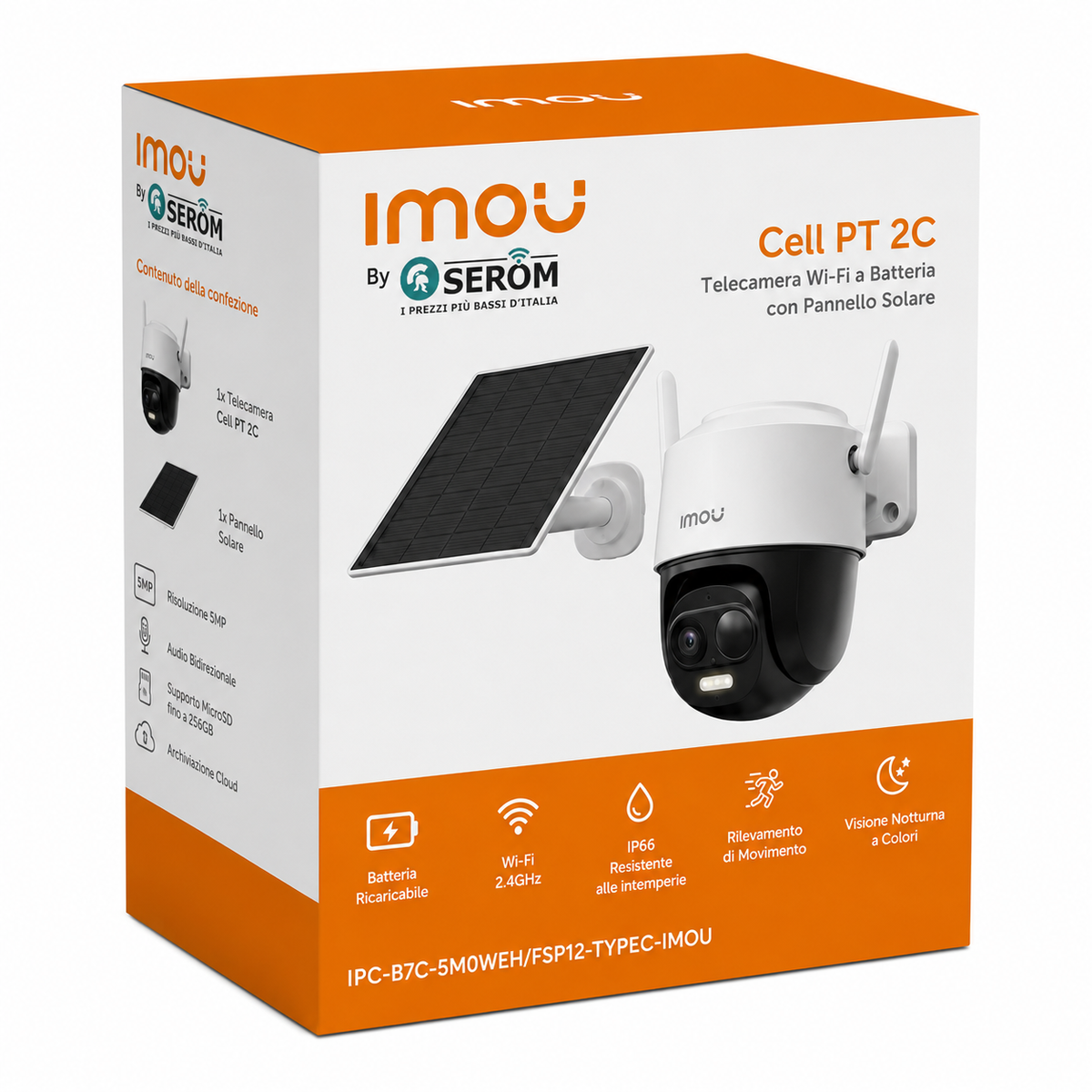 IPC-B7C-5M0WEH/FSP12-TYPEC-IMOU - Cell PT 2C 5MP Telecamera Wi-Fi Solare a Batteria, Pan Tilt, AI Persone e Veicoli, Full Color, Audio, IP66