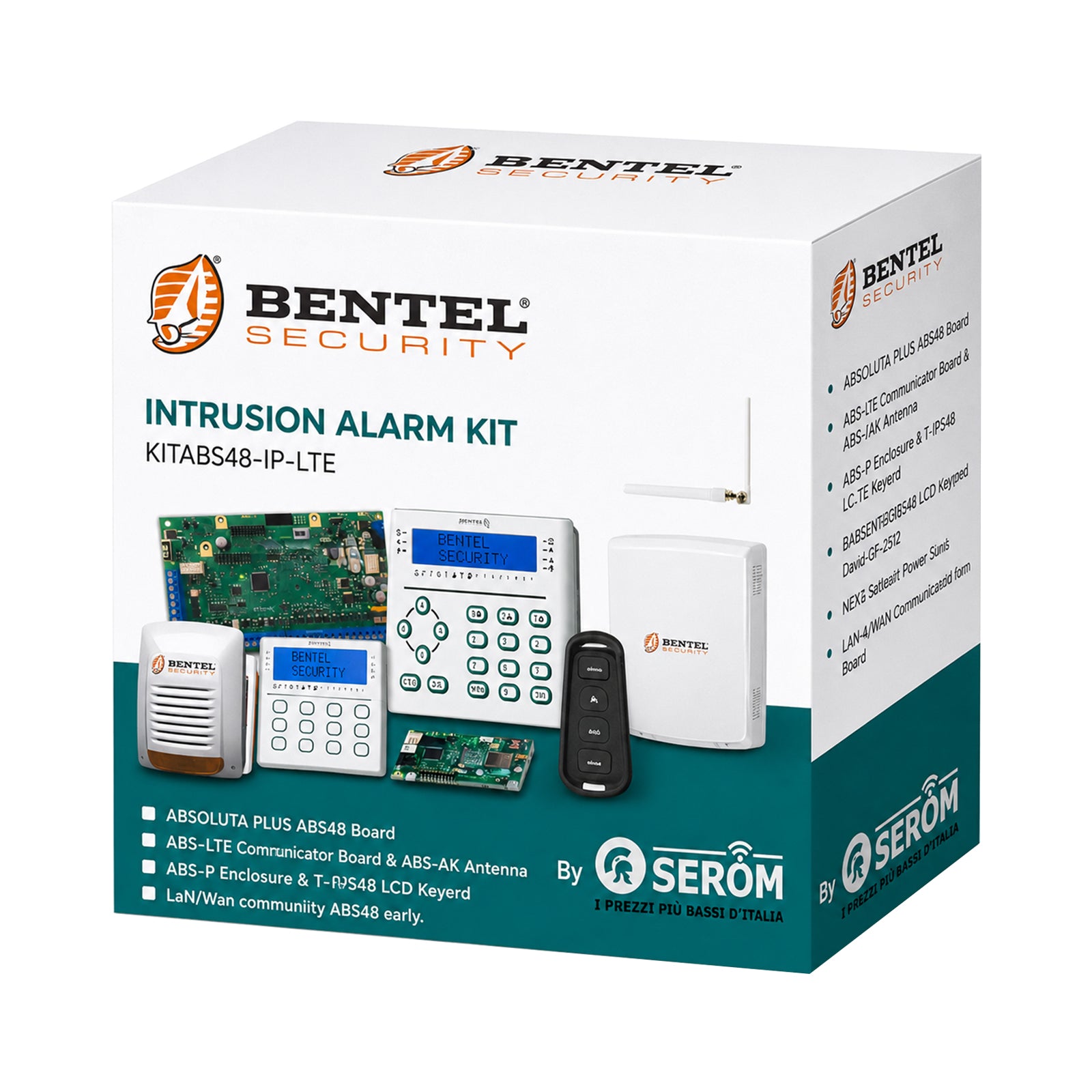 KITABS48-IP-LTE - Kit Centrale Antifurto Absoluta Plus ABS48 Ibrida con Modulo 4G LTE, LAN IP, Tastiera LCD e Sirena NEKA - Bentel