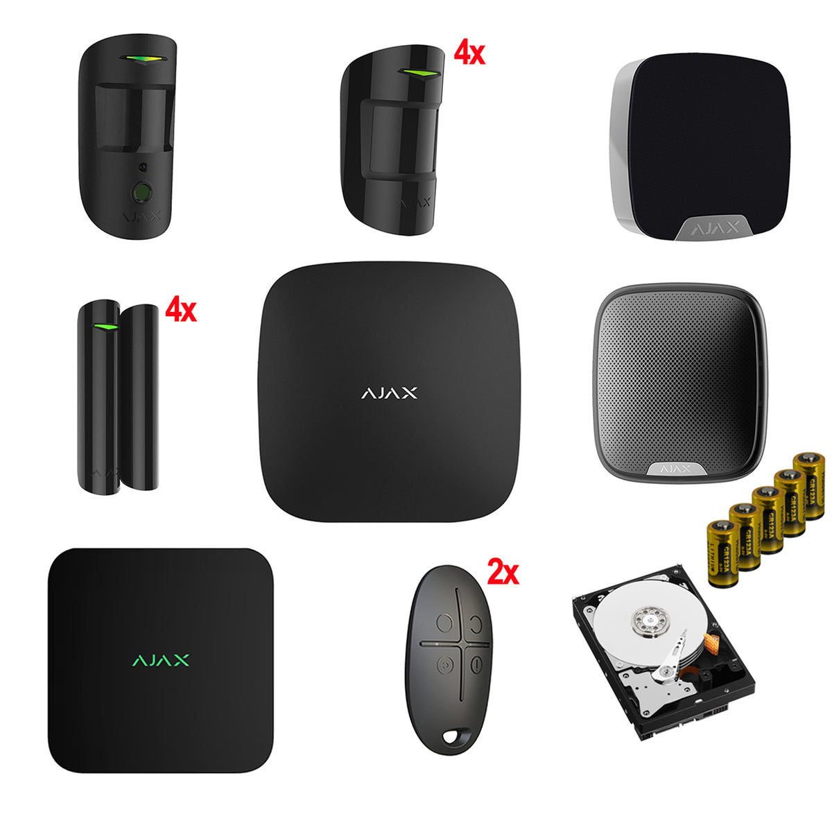 SUPER-KIT-AJAX_B - Super Kit Ajax completo di Hub 2 Plus, DoorProtect, MotionCam, MotionProtect, HomeSiren, StreetSiren, SpaceControl, Batterie CR123A, NVR e HardDisk - Colore Nero