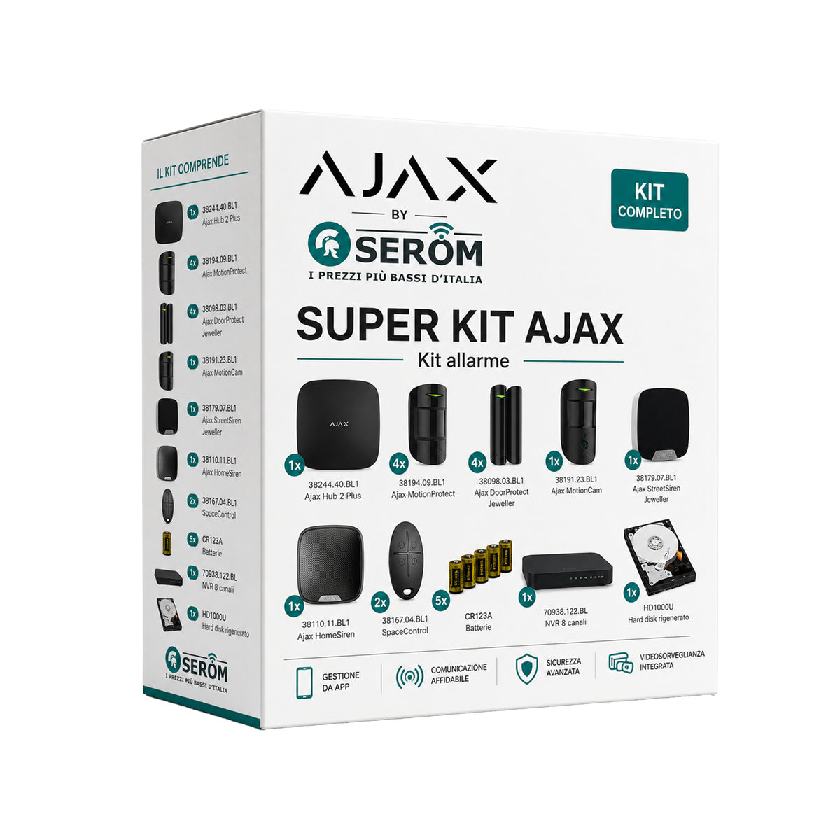 SUPER-KIT-AJAX_B - Super Kit Ajax completo di Hub 2 Plus, DoorProtect, MotionCam, MotionProtect, HomeSiren, StreetSiren, SpaceControl, Batterie CR123A, NVR e HardDisk - Colore Nero
